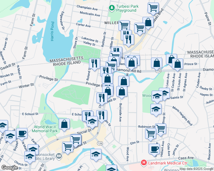 map of restaurants, bars, coffee shops, grocery stores, and more near 937 Social Street in Woonsocket