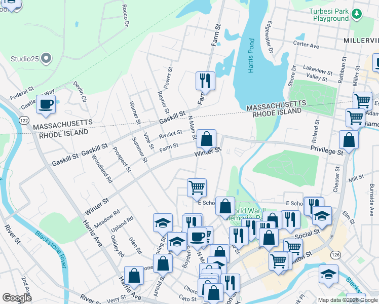 map of restaurants, bars, coffee shops, grocery stores, and more near 614 North Main Street in Woonsocket