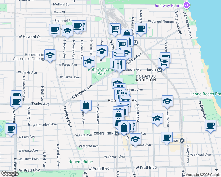 map of restaurants, bars, coffee shops, grocery stores, and more near 1821 West Chase Avenue in Chicago