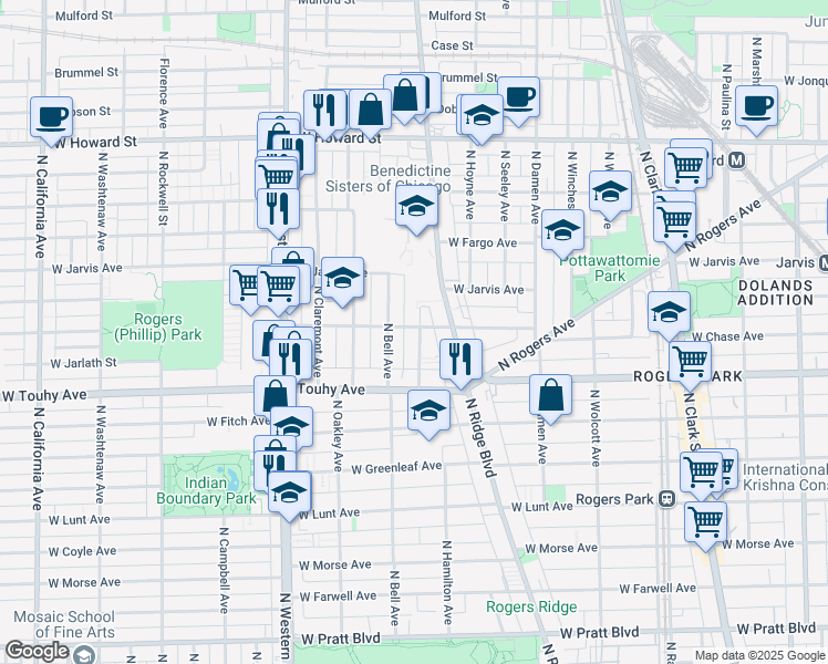 map of restaurants, bars, coffee shops, grocery stores, and more near 2143 West Chase Avenue in Chicago