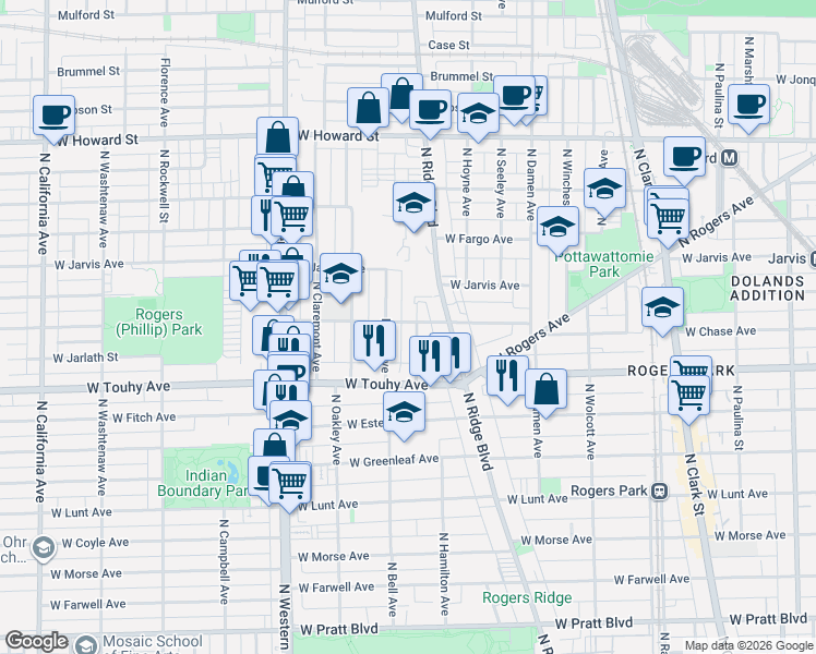 map of restaurants, bars, coffee shops, grocery stores, and more near 2143 West Chase Avenue in Chicago