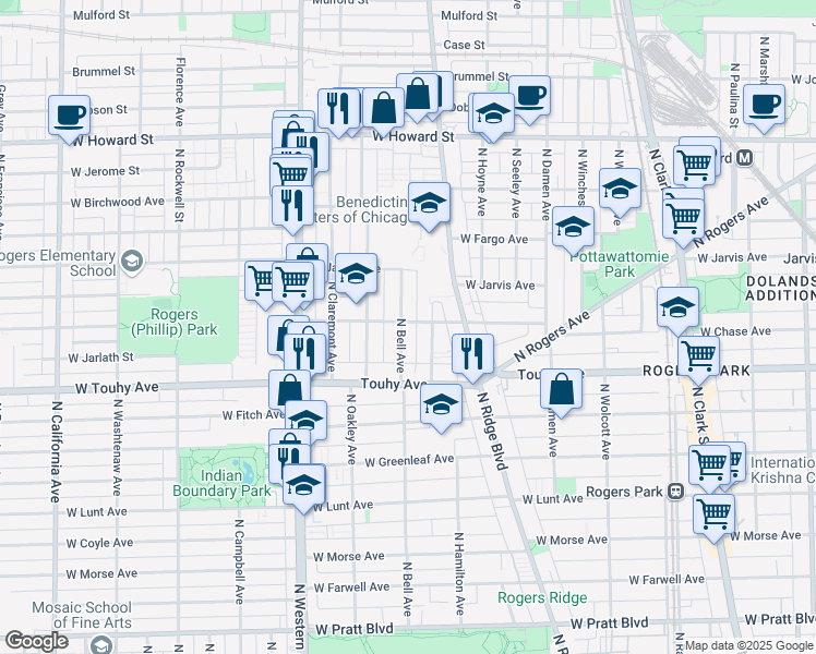 map of restaurants, bars, coffee shops, grocery stores, and more near 2143 West Chase Avenue in Chicago