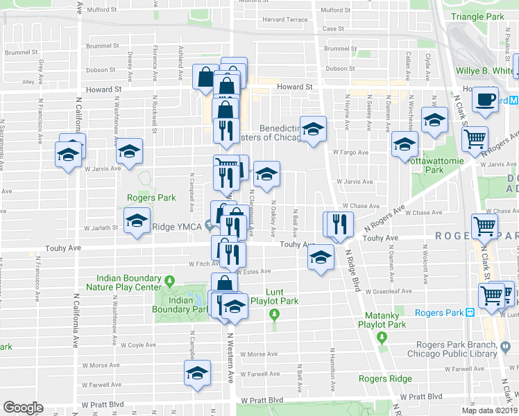 map of restaurants, bars, coffee shops, grocery stores, and more near 7237 North Claremont Avenue in Chicago