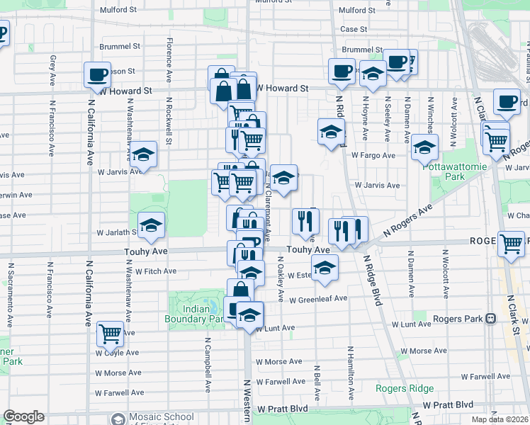 map of restaurants, bars, coffee shops, grocery stores, and more near 7237 North Claremont Avenue in Chicago