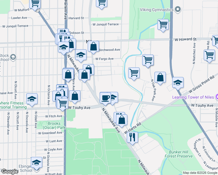 map of restaurants, bars, coffee shops, grocery stores, and more near 6938 West Touhy Avenue in Niles