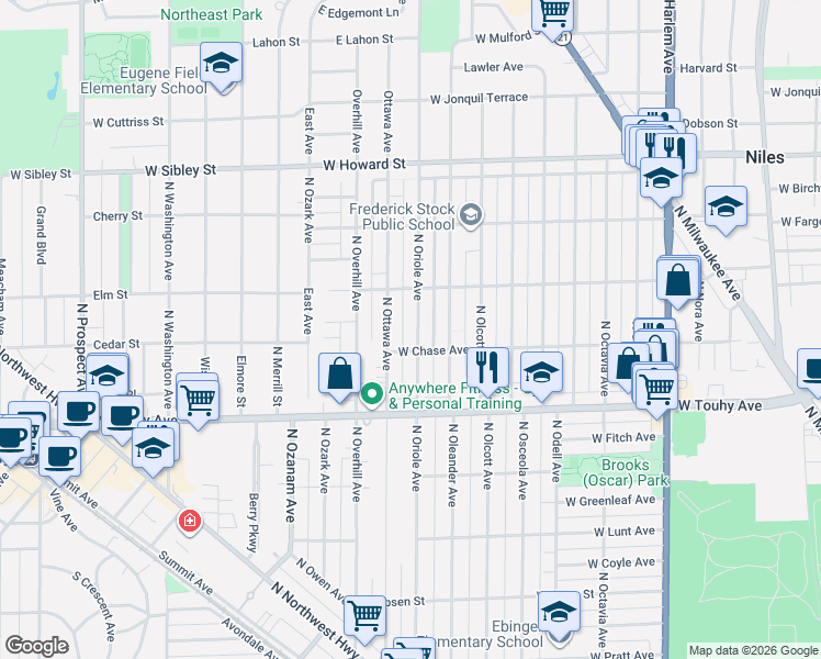 map of restaurants, bars, coffee shops, grocery stores, and more near 7305 North Oriole Avenue in Chicago