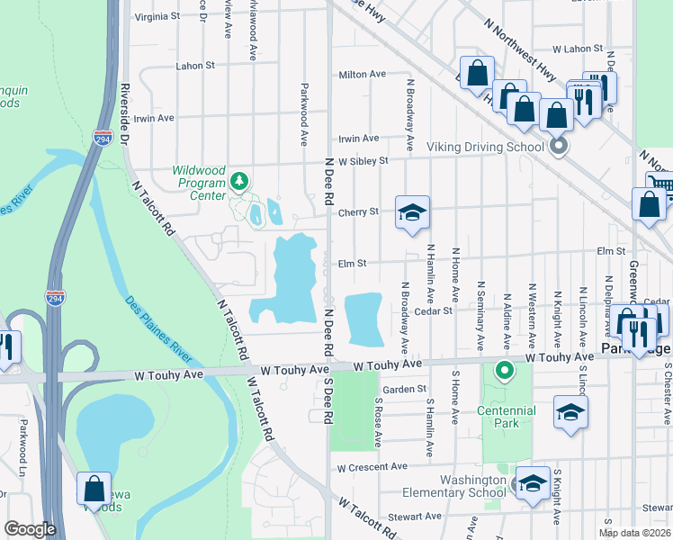 map of restaurants, bars, coffee shops, grocery stores, and more near 233 North Dee Road in Park Ridge