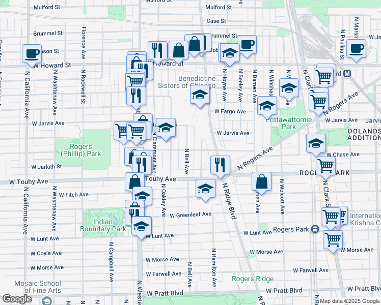 map of restaurants, bars, coffee shops, grocery stores, and more near 7255 North Bell Avenue in Chicago