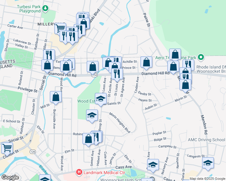 map of restaurants, bars, coffee shops, grocery stores, and more near 292 Saint Louis Avenue in Woonsocket