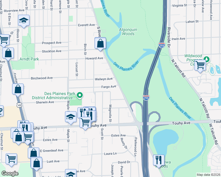 map of restaurants, bars, coffee shops, grocery stores, and more near 2043 Fargo Street in Des Plaines