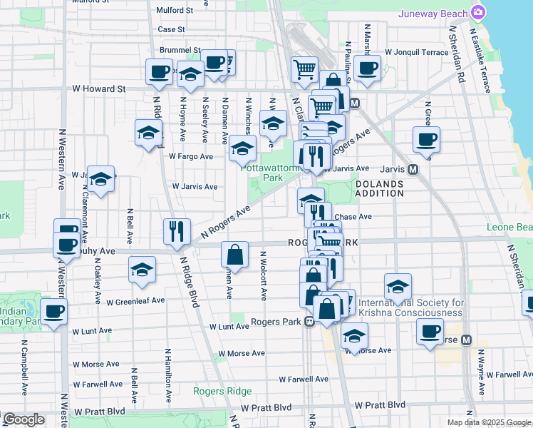 map of restaurants, bars, coffee shops, grocery stores, and more near 7307 North Wolcott Avenue in Chicago
