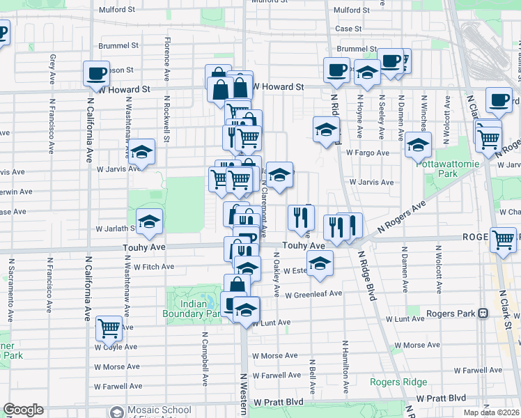 map of restaurants, bars, coffee shops, grocery stores, and more near 7237 North Claremont Avenue in Chicago