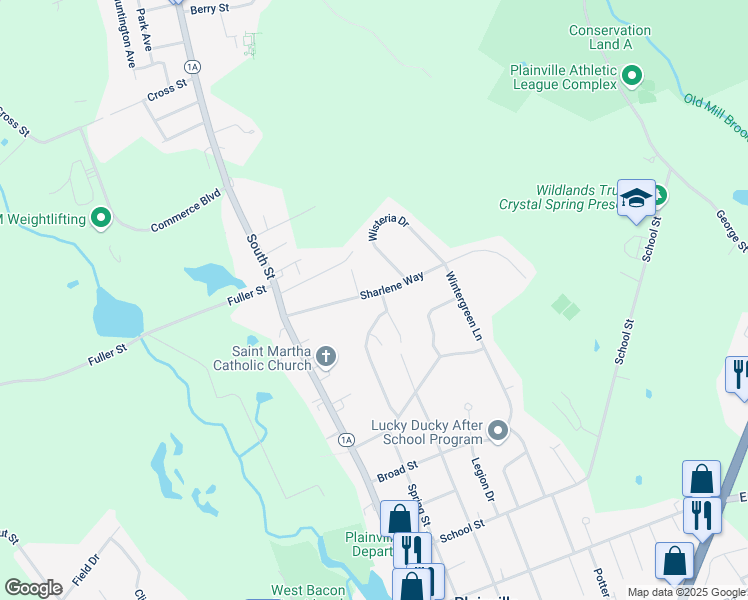 map of restaurants, bars, coffee shops, grocery stores, and more near 78 Willow Lane in Plainville