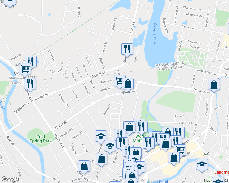 map of restaurants, bars, coffee shops, grocery stores, and more near 549 Winter Street in Woonsocket