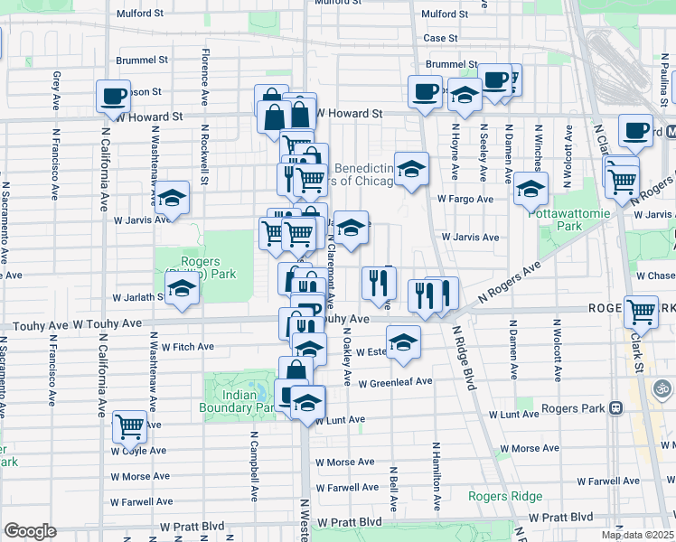 map of restaurants, bars, coffee shops, grocery stores, and more near 2323 West Chase Avenue in Chicago
