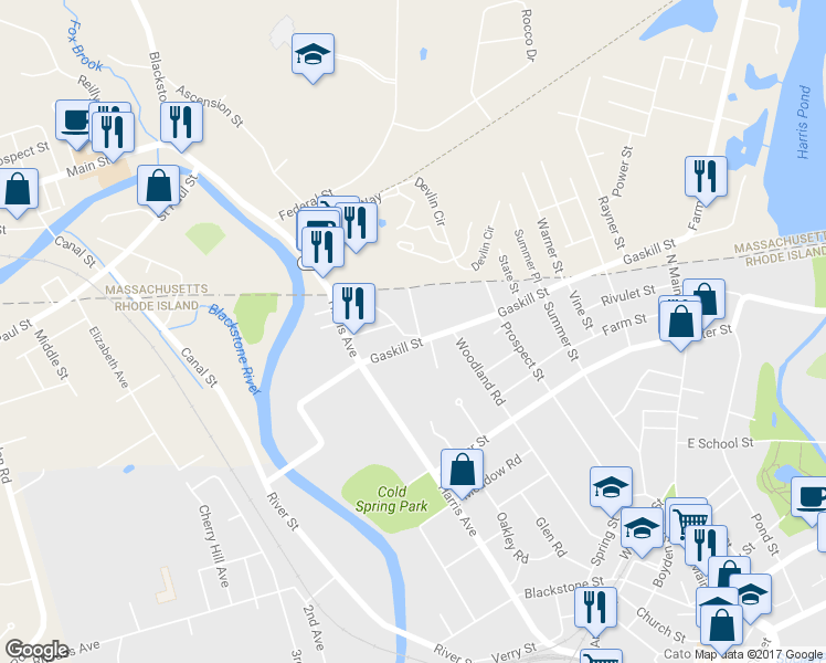 map of restaurants, bars, coffee shops, grocery stores, and more near 199 Huntington Avenue in Woonsocket