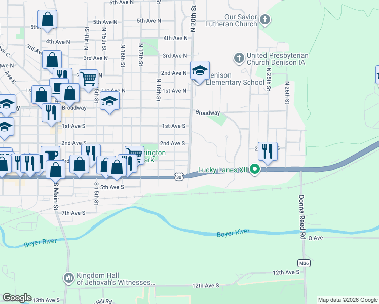 map of restaurants, bars, coffee shops, grocery stores, and more near 250 South 20th Street in Denison