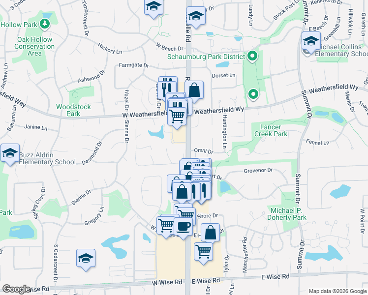 map of restaurants, bars, coffee shops, grocery stores, and more near 1 Omni Drive in Schaumburg