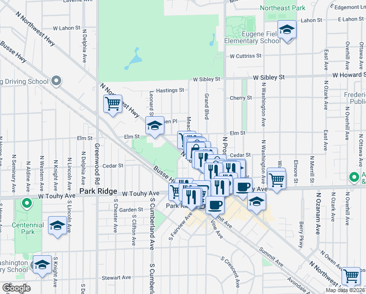 map of restaurants, bars, coffee shops, grocery stores, and more near 630 Cedar Street in Park Ridge