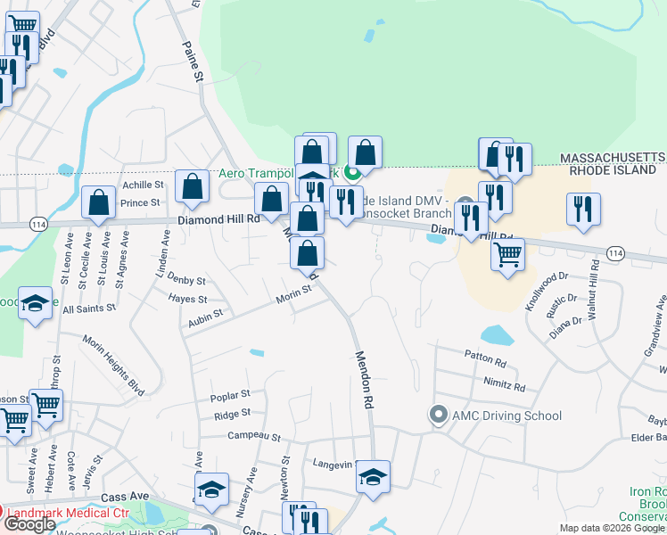 map of restaurants, bars, coffee shops, grocery stores, and more near 411 Mendon Road in Woonsocket