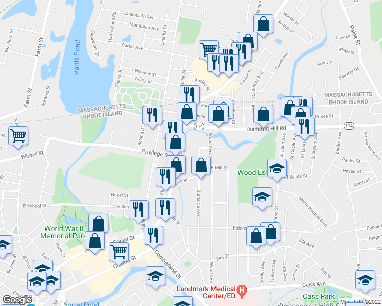 map of restaurants, bars, coffee shops, grocery stores, and more near 451 Burnside Avenue in Woonsocket