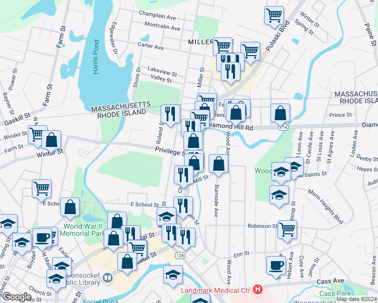 map of restaurants, bars, coffee shops, grocery stores, and more near 35 George Street in Woonsocket