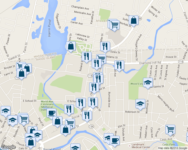 map of restaurants, bars, coffee shops, grocery stores, and more near 35 George Street in Woonsocket