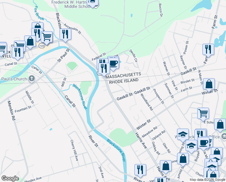 map of restaurants, bars, coffee shops, grocery stores, and more near 28 Gaskill Street in Woonsocket