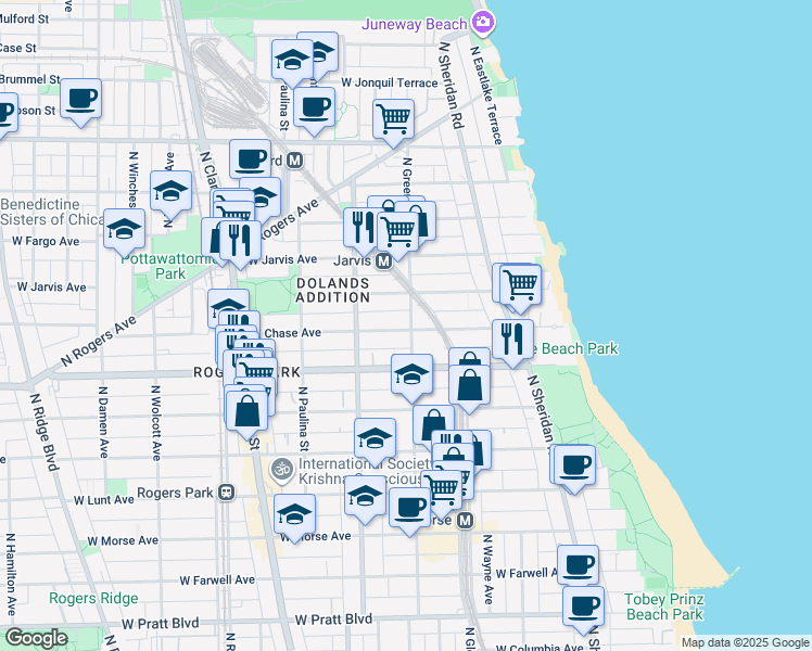 map of restaurants, bars, coffee shops, grocery stores, and more near 1521 West Chase Avenue in Chicago