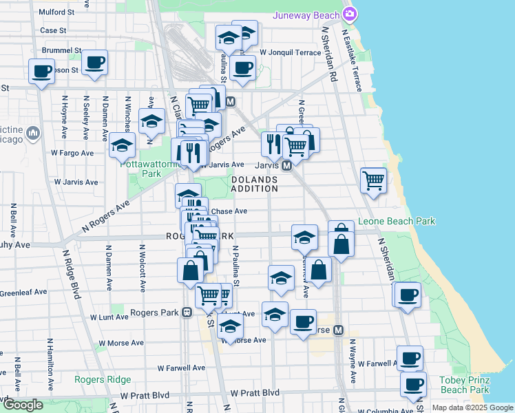 map of restaurants, bars, coffee shops, grocery stores, and more near 1601 West Chase Avenue in Chicago