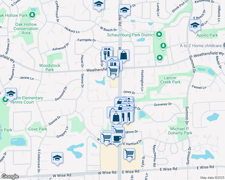 map of restaurants, bars, coffee shops, grocery stores, and more near 717 Tipperary Court in Schaumburg