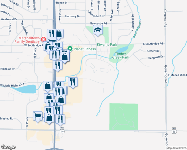 map of restaurants, bars, coffee shops, grocery stores, and more near 505 Springfield Drive in Marshalltown
