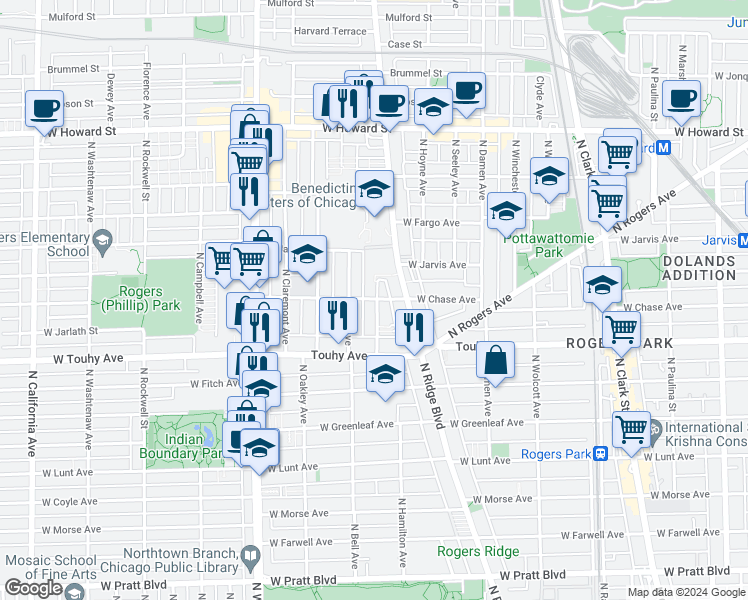 map of restaurants, bars, coffee shops, grocery stores, and more near 2143 West Chase Avenue in Chicago