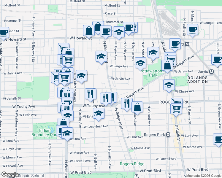 map of restaurants, bars, coffee shops, grocery stores, and more near N Ridge Ave & W Chase Ave in Chicago