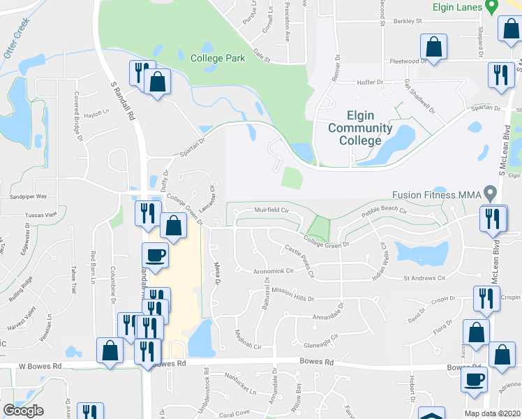 map of restaurants, bars, coffee shops, grocery stores, and more near 2041 Muirfield Circle in Elgin