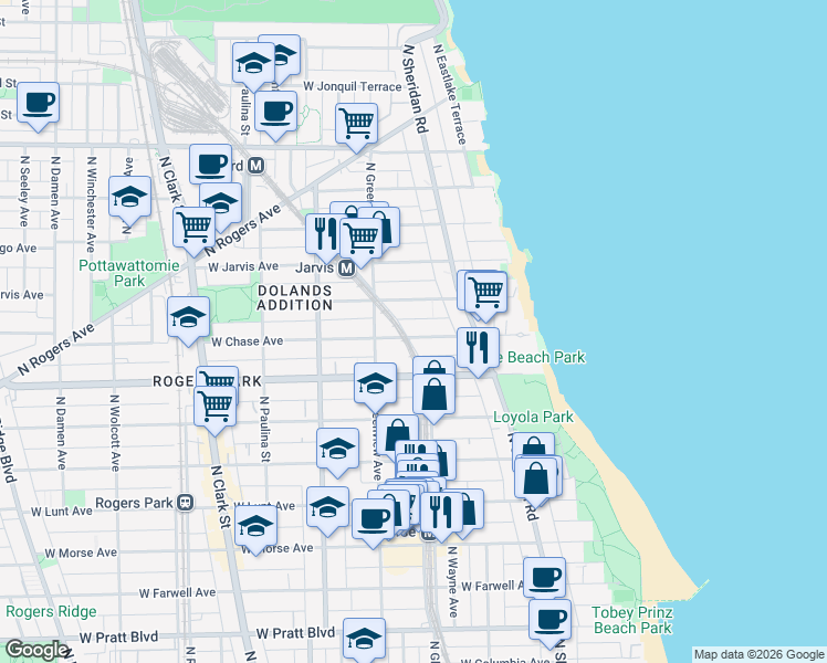 map of restaurants, bars, coffee shops, grocery stores, and more near 1412 West Chase Avenue in Chicago