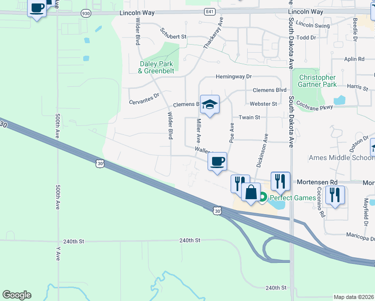 map of restaurants, bars, coffee shops, grocery stores, and more near in Ames