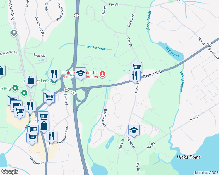 map of restaurants, bars, coffee shops, grocery stores, and more near 27 Woodridge Road in Duxbury
