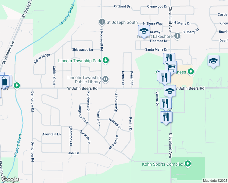 map of restaurants, bars, coffee shops, grocery stores, and more near 5794 Wacker Drive in Stevensville