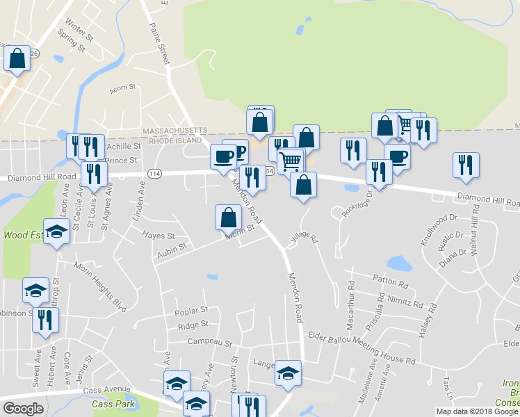 map of restaurants, bars, coffee shops, grocery stores, and more near 326 Mendon Road in Woonsocket