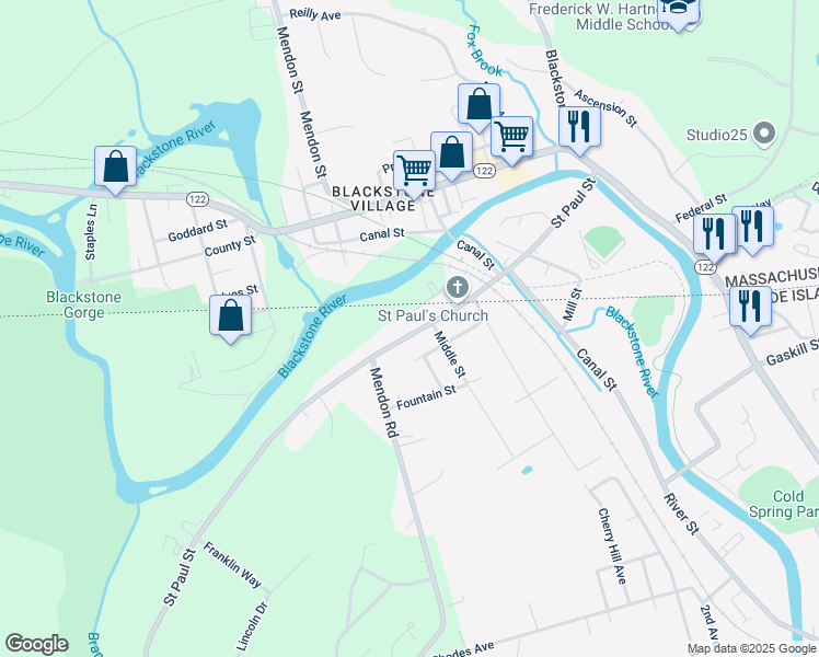 map of restaurants, bars, coffee shops, grocery stores, and more near 88B Saint Paul Street in North Smithfield
