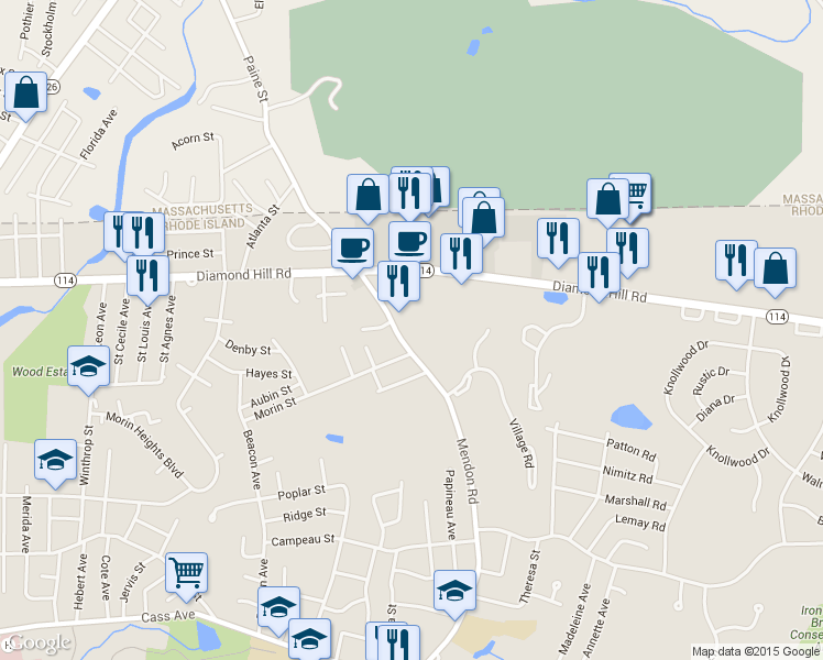 map of restaurants, bars, coffee shops, grocery stores, and more near 411 Mendon Road in Woonsocket