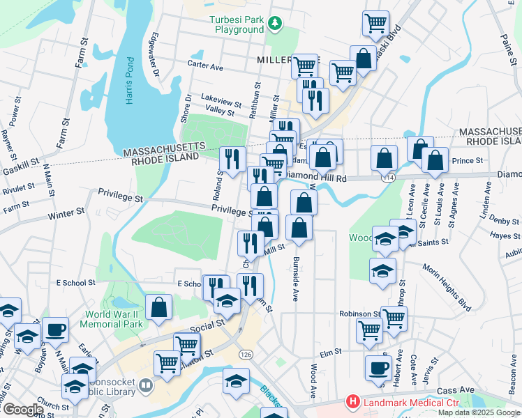 map of restaurants, bars, coffee shops, grocery stores, and more near 937 Social Street in Woonsocket