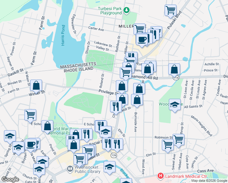 map of restaurants, bars, coffee shops, grocery stores, and more near 35 George Street in Woonsocket