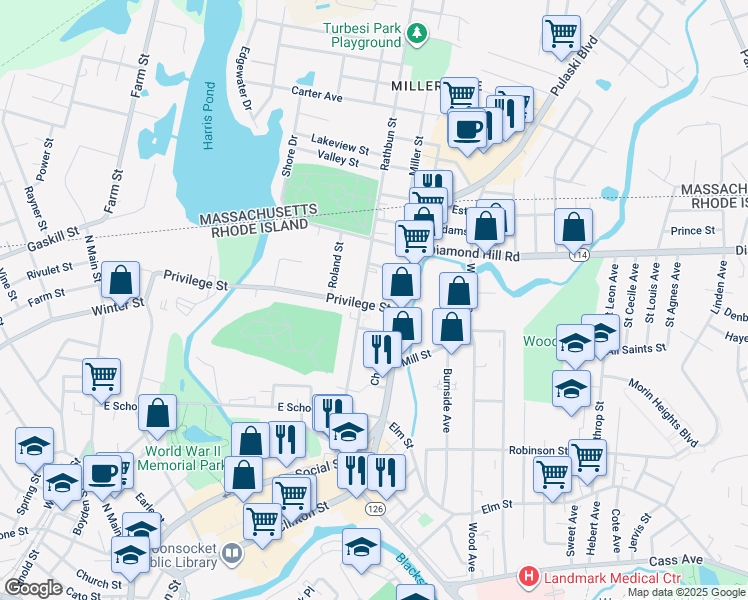 map of restaurants, bars, coffee shops, grocery stores, and more near 35 George Street in Woonsocket