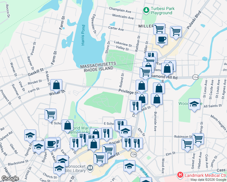 map of restaurants, bars, coffee shops, grocery stores, and more near 361 Privilege Street in Woonsocket