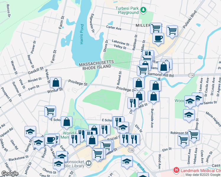 map of restaurants, bars, coffee shops, grocery stores, and more near 361 Privilege Street in Woonsocket