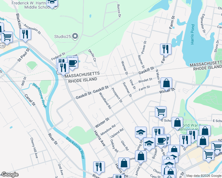 map of restaurants, bars, coffee shops, grocery stores, and more near 39 Rachel Street in Woonsocket