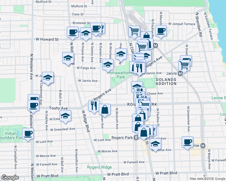 map of restaurants, bars, coffee shops, grocery stores, and more near 7231 North Wolcott Avenue in Chicago