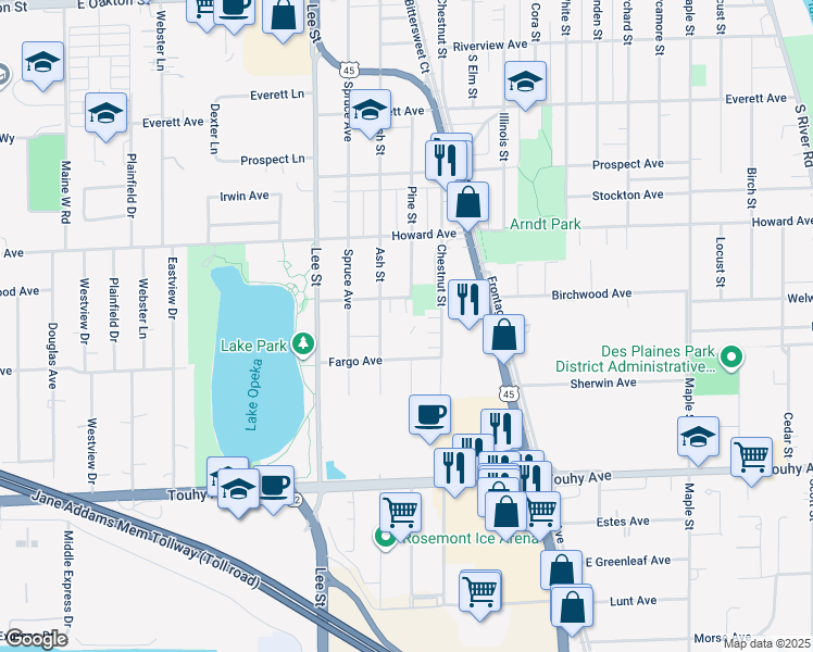 map of restaurants, bars, coffee shops, grocery stores, and more near 1328 Fargo Street in Des Plaines